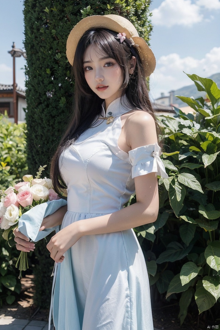  masterpiece, 1 girl, 18 years old, Look at me, long_hair, straw_hat, Wreath, petals, Big breasts, Light blue sky, Clouds, hat_flower, jewelry, Stand, outdoors, Garden, falling_petals, White dress, textured skin, super detail, best quality, ajkds, (\xing he\), kongque, JMLong, pink fantasy, chinese, Trainee Nurse