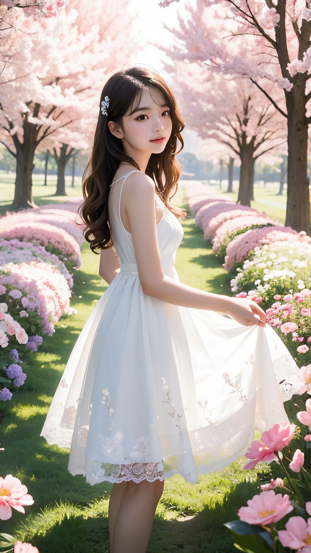  Upon examining the image, I would describe it as a beautiful watercolor painting that captures a serene and idyllic scene. The young girl in the yellow dress stands out against the backdrop of a field of bright pink flowers, creating a striking contrast of colors. The light in the painting is soft and diffused, creating a sense of warmth and tranquility. The colors used in the painting are vibrant and bold, making the image feel lively and dynamic. The style of the painting is whimsical and dreamy, evoking a sense of wonder and imagination. The quality of the painting is excellent, with meticulous attention to detail in the girl's dress, the flowers, and the overall composition of the scene. The emotions conveyed in the painting are peaceful and joyful, as if the girl is enjoying a moment of pure happiness in the midst of nature. Overall, this is a beautiful and captivating painting that captures the essence of innocence, beauty, and joy., crystal_dress , crystal , wings ,, Hanama wine, HUBG_CN_illustration, 1girl, qianjin, white pantyhose, xtt, Flower Tunnel