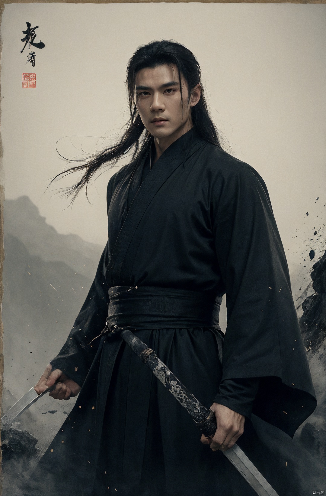  sdmai, wuxia, Chinese ink painting, artistic ink painting, Chinese martial arts films, wearing black robes, fighting posture, cinematic grandeur, splashing details, wild and powerful, solo, weapon, black hair, sword, long hair, male focus, looking at viewer, 1boy, scar, asuo