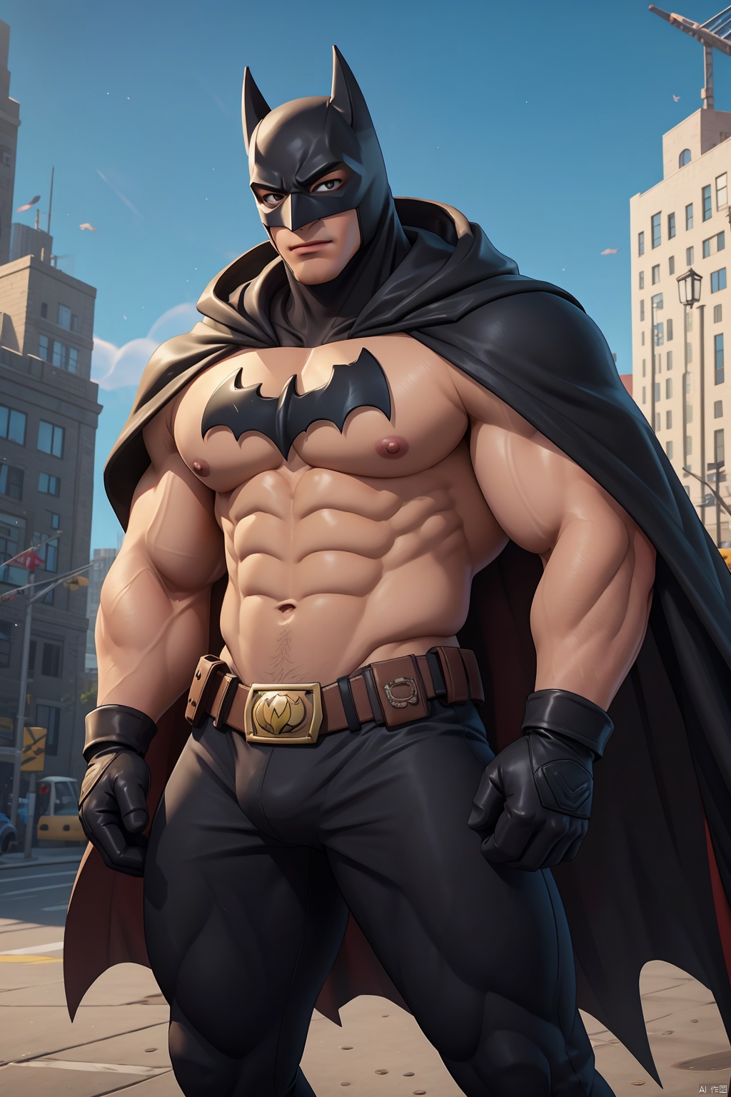  1boy,solo,Batman,male focus,cape,muscular,mask,gloves,bodysuit,belt,building,city,black cape,covered abs,clenched hands,looking at viewer,muscular male,skin tight,black gloves,pectorals,outdoors,clenched hand,closed mouth,standing,signature,abs,thighs,skyscraper, Fortnite