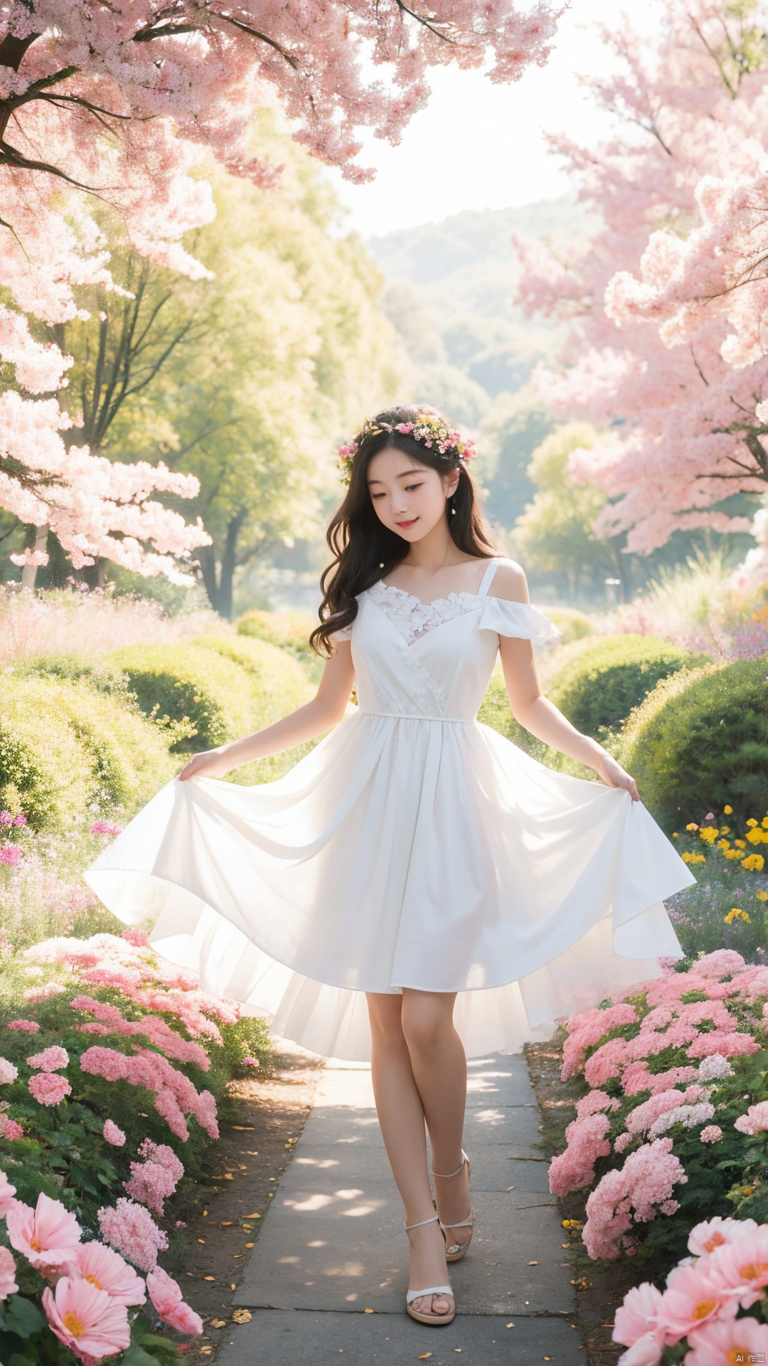 Upon examining the image, I would describe it as a beautiful watercolor painting that captures a serene and idyllic scene. The young girl in the yellow dress stands out against the backdrop of a field of bright pink flowers, creating a striking contrast of colors. The light in the painting is soft and diffused, creating a sense of warmth and tranquility. The colors used in the painting are vibrant and bold, making the image feel lively and dynamic. The style of the painting is whimsical and dreamy, evoking a sense of wonder and imagination. The quality of the painting is excellent, with meticulous attention to detail in the girl's dress, the flowers, and the overall composition of the scene. The emotions conveyed in the painting are peaceful and joyful, as if the girl is enjoying a moment of pure happiness in the midst of nature. Overall, this is a beautiful and captivating painting that captures the essence of innocence, beauty, and joy., crystal_dress , crystal , wings ,, Hanama wine, HUBG_CN_illustration, 1girl, qianjin, white pantyhose, xtt, Flower Tunnel