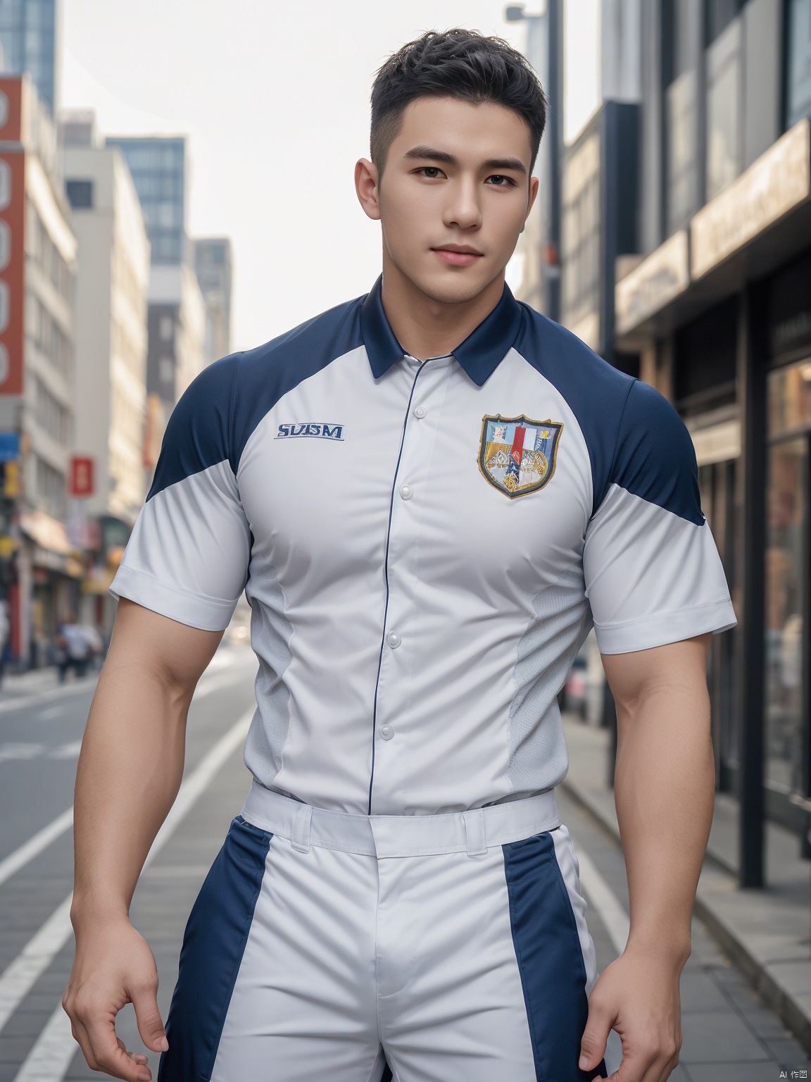  masterpiece,1 Man,Look at me,Handsome,Lovely,textured skin,super detail,best quality,adapted_uniform,Bustling city, 1 boy, a boy_gmlwman, Muscular Male