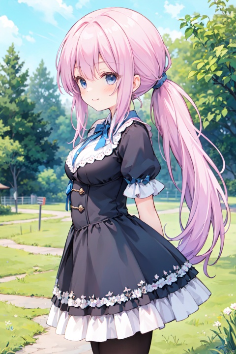 1girl,low ponytail,pink_hair,crossed bangs,blue eyes,gothic_lolita,white skirt,fingersmile,
fantasy,medium breast,buster,sideview,cowboy_shot,looking far away,shigetoakiho,