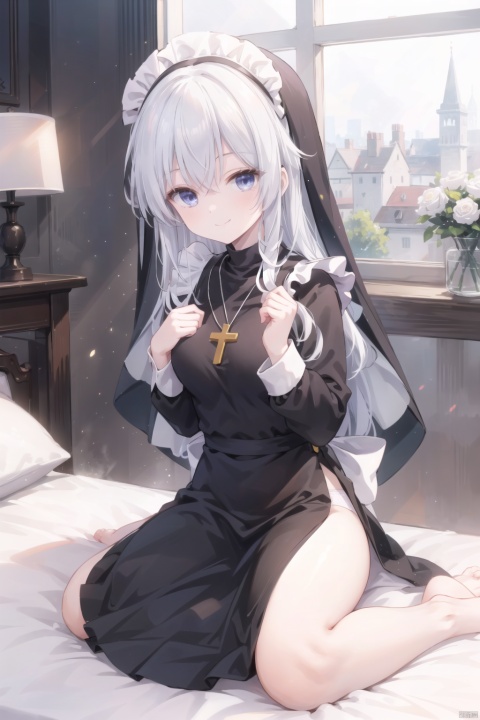 1girl,very Long white hair,long bangs,nun,(Maid headwear),nun,(own hands together),blue_eyes,smile,big cross,yellow cross necklace,(black dress),medium_breast,hands up, elaina (majo no tabitabi),full body,panties,in bed