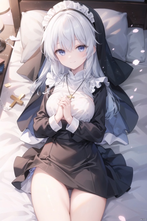 1girl,very Long white hair,long bangs,nun,(Maid headwear),nun,(own hands together),blue_eyes,smile,big cross,yellow cross necklace,(black dress),medium_breast,hands up, elaina (majo no tabitabi),full body,panties,in bed