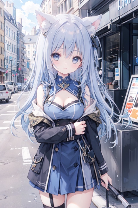 holding_katana,1girl, solo, smile,blue hair,cute,grey eyes,city,off shoulder,clavicle,(Military uniform:1.3),big breasts,thigh,street,Cleavage,animal_ears,gothic architecture,girl, blue archive