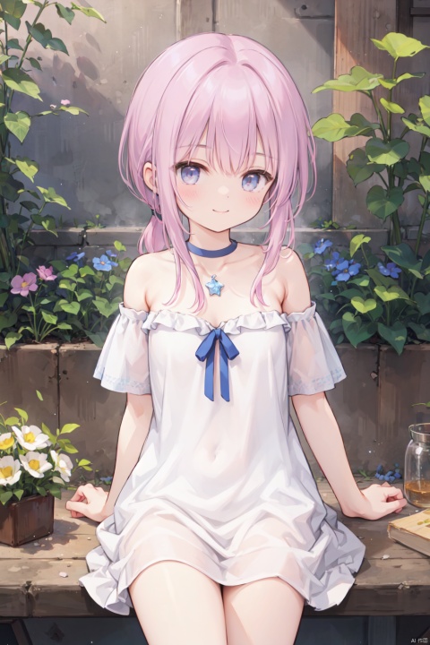  1girl,(pink_hair:1.1),crossed bangs,(low ponytail),blue eyes,collarbone,off-shoulder,bare shoulders,(strapless:1.1),short sleeves,cleavage,Hair tip,short white dress,cowboy_shot,thigh,flower,short ponytail,smile,(masterpiece, extremely detailed 8k wallpaper,best quality), (best illumination, best shadow, extremely delicate and beautiful),(shine),glinting stars,classic, (illustration),,outdoor, detailed eyes,perfect face