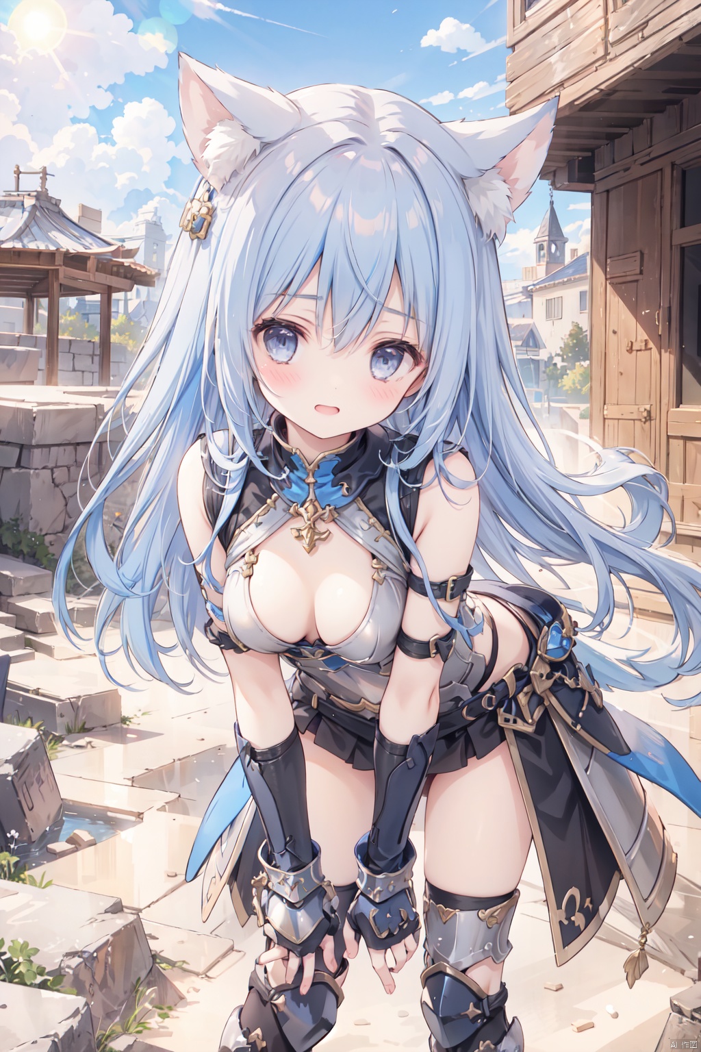  1girl,solo,blue hair,cute,grey eyes,sandstorm,(armor:1.3),big breasts,thigh,desert,animal_ears,The cracked earth,Escarpment,stone,village,action,scowl, bend over backwards,black armor,