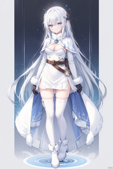  1girl, solo,long hair,smile,cleavage,medium breasts, closed mouth, very long hair, standing, full body,white hair,boots,belt,blue eyes, sweater,white thighhighs,fur trim, clothing cutout,capelet,short dress, brown gloves,ribbed sweater,white capelet,