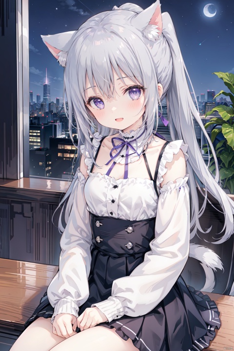 1girl, solo, ponytail, smile,grey hair,cute,purple eyes, long sleeve, open mouth, white shirt, frill, black skirt, bustier, small breasts,thigh, flowers, sitting on tree, [[full moon]],night,animal_ears,