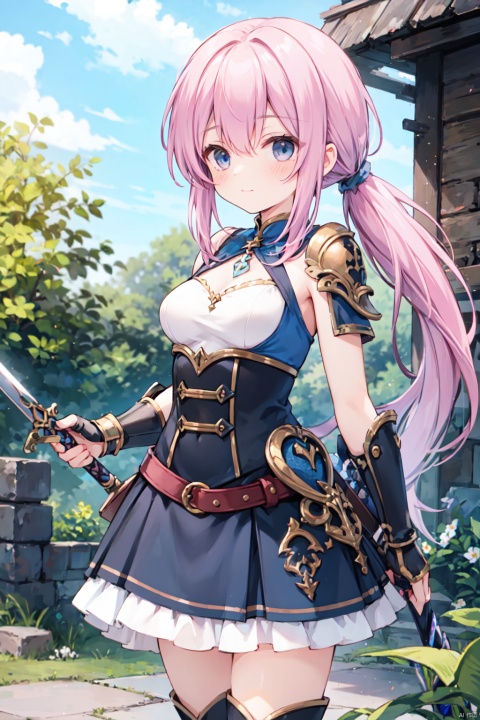 1girl,(pink_hair),crossed bangs,(low ponytail),blue eyes,gothic_lolita,white skirt,gauntlets,(both-hand-hilt:1.5),hand on hilt,holding sword,planted sword,standing,medieval,
fantasy,thigh,boots,looking afar,ruins,commanding, armor,medium breast,cowboy_shot,shigetoakiho,