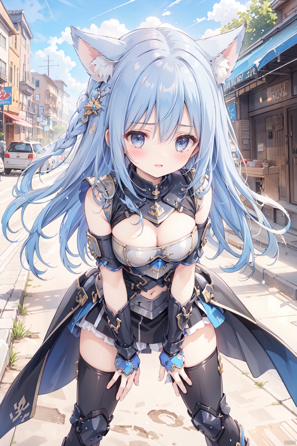  1girl,solo,blue hair,cute,grey eyes,sandstorm,(armor:1.3),big breasts,thigh,desert,animal_ears,The cracked earth,Escarpment,stone,village,action,fighting stance,aggressiveness,scowl, bend over backwards,black armor, 