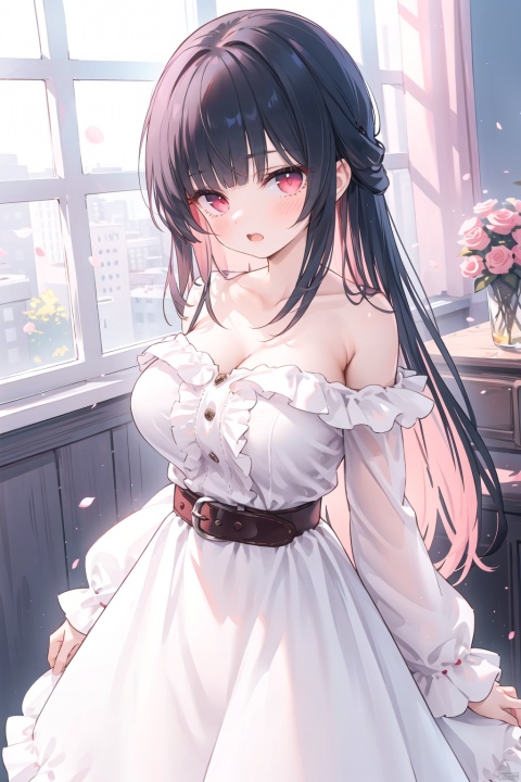  1girl,dress,long hair,breasts,white dress,long sleeves,black hair,bare shoulders,blush,solo,large breasts,off shoulder,off-shoulder dress,collarbone,blunt bangs,red eyes,frills,open mouth,pink tone hair,puffy sleeves,belt buckle, nai3, shine eyes01,