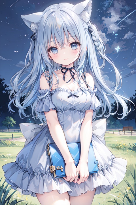  1girl, solo, smile,blue hair,cute,grey eyes,off shoulder,clavicle,grey dress,(strapless:1.3),big breasts,thigh,grass,meadow,animal_ears,outdoor,night,girl