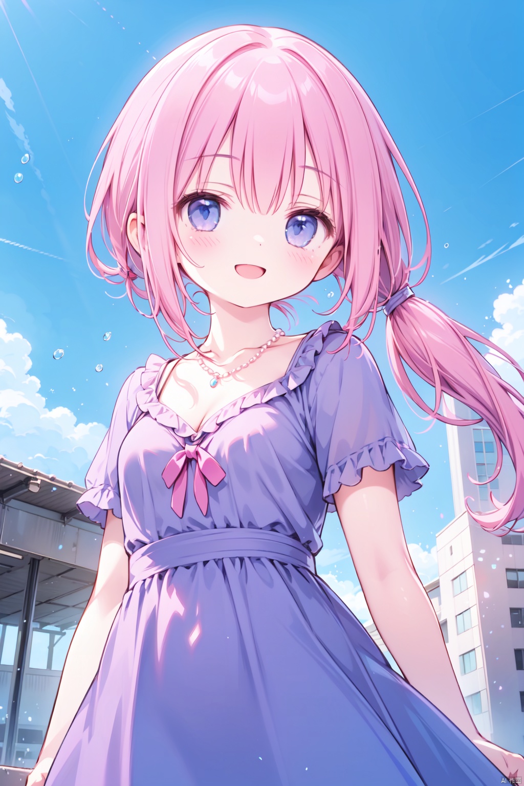  1girl,(pink_hair:1.1),crossed bangs,(low ponytail),blue eyes,collarbone,short sleeves,cleavage,purple dress,open mouth,short ponytail,happy,pearl necklace,shine,smirk,illustration,outdoor,detailed eyes,perfect face,frill,from below,cowboy_shot