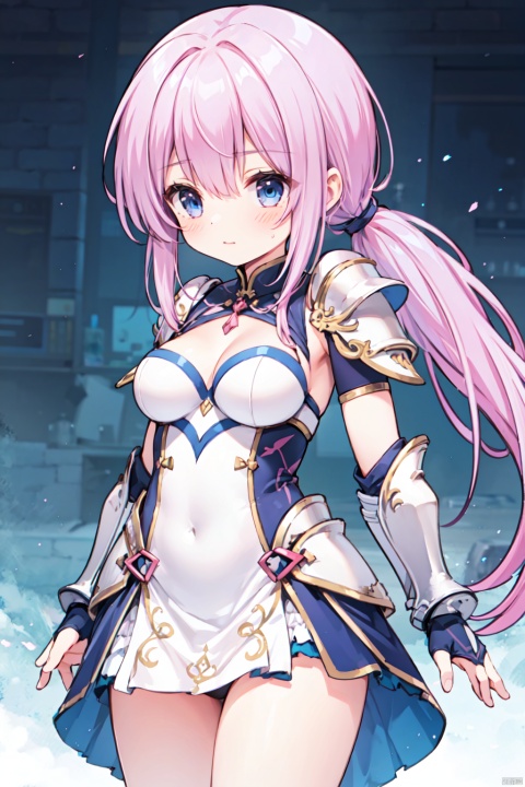 1girl,low ponytail,(pink_hair),crossed bangs,white armour,armour dress,looking down,medium breast,Silver armor,Cleavage,thigh,cowboy_shot,girl,blue eyes,shigetoakiho,