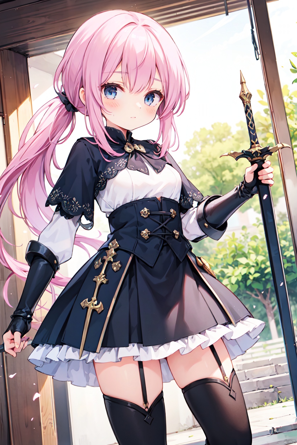1girl,(pink_hair),crossed bangs,(low ponytail),blue eyes,gothic_lolita,white skirt,gauntlets,one-hand-hilt,hand on hilt,holding sword,planted sword,standing,medieval,
fantasy,thigh,boots,medium breast,cowboy_shot,shigetoakiho,