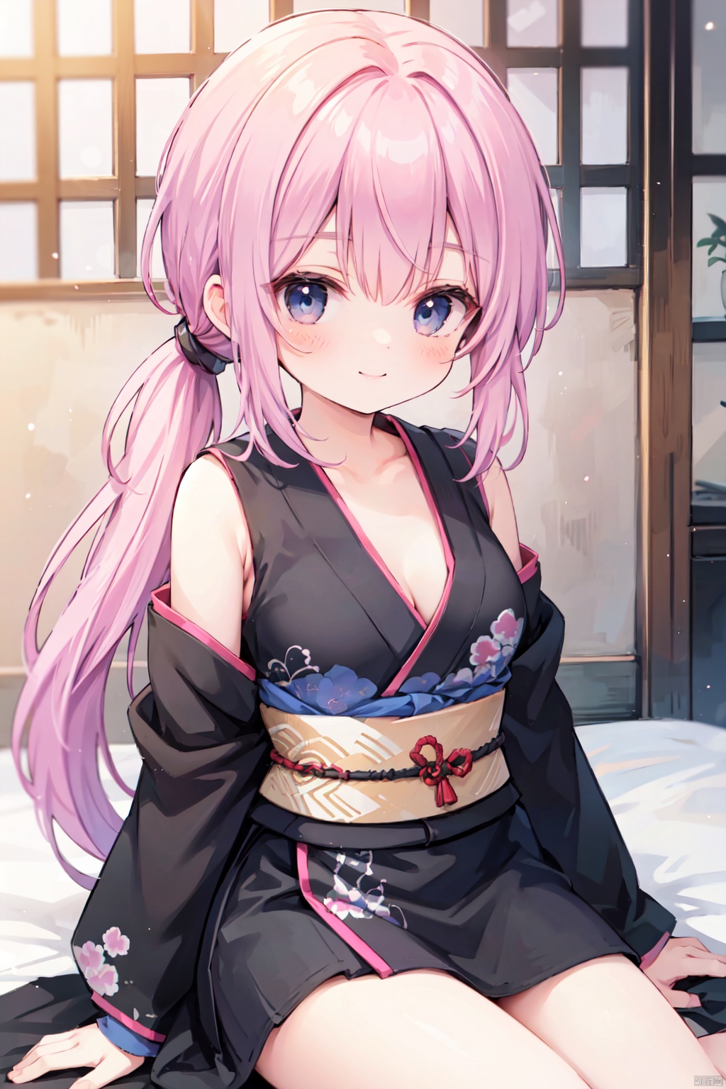 solo,(low ponytail:1.1),(pink_hair),crossed bangs,black gloves,smile,(black Hanfu),(black kimono),sleeved,red printing,thigh,breast,Cleavage,collarbone,blue eyes,shigetoakiho,