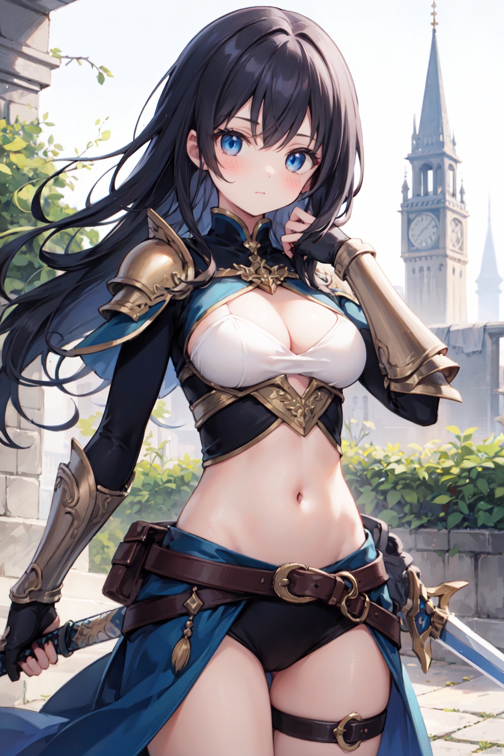 1girl,blue eyes,gauntlets,one-hand-hilt,hand on hilt,holding sword,planted sword,standing,medieval,
fantasy,medium breast,cowboy_shot,