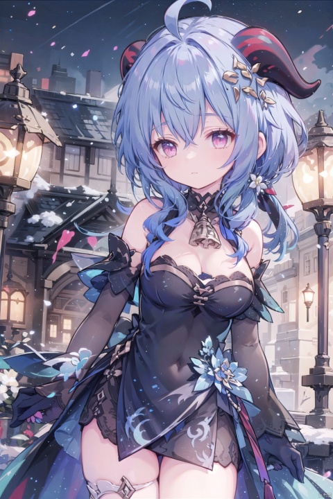  (black dress),black clothes,horns,(low ponytail),1girl, solo,(long hair),blue hair,pink eyes,with a little bell around his neck,detached sleeves,black gloves,alternate costume,Hair tip,cowboy_shot,thigh,large_breasts,ahoge,solo,street,night,ganyu, masterpiece