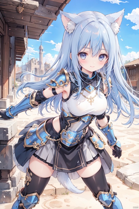  1girl,solo,smile,blue hair,cute,grey eyes,sandstorm,(armor:1.3),big breasts,thigh,desert,animal_ears,The cracked earth,Escarpment,stone,village,action,fighting stance,aggressiveness,scowl,leaning forward,armor