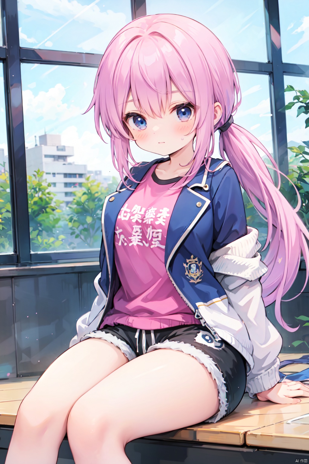 (low ponytail:1.1),pink_hair,crossed bangs,solo,shirt,shorts,thigh,breast,seated,blue eyes,(Sports jacket),shigetoakiho,loli,