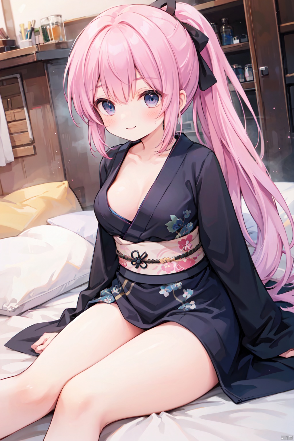 solo,smile,(black Hanfu),(black kimono),long sleeved,red printing,thigh,breast,Cleavage,collarbone,(low ponytail:1.1),(pink_hair),crossed bangs,blue eyes,shigetoakiho,