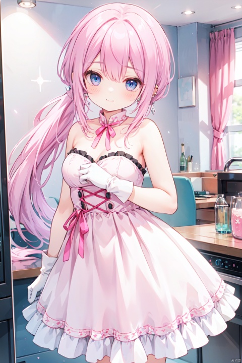 1girl,low ponytail,(pink_hair:1.2),crossed bangs, strapless dress, gloves, bare shoulders, closed mouth, white gloves, strapless, ear piercing, frills, white dress, pink dress, breasts, red ribbon, very long hair, earrings, white footwear, pink ribbon, piercing, frilled dress,
fantasy,medium breast,buster,cowboy_shot,blue eyes,shigetoakiho