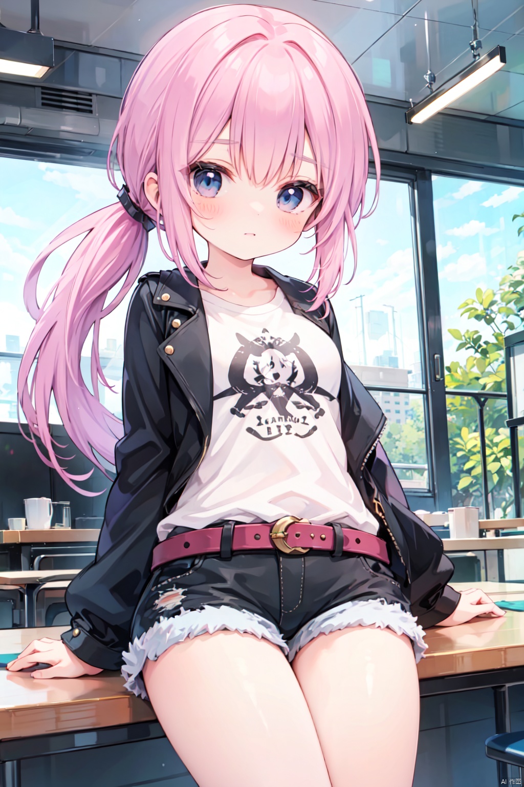 (low ponytail:1.1),pink_hair,crossed bangs,solo,Steampunk,shirt,shorts,(leather_clothes),thigh,breast,blue eyes,shigetoakiho,loli,