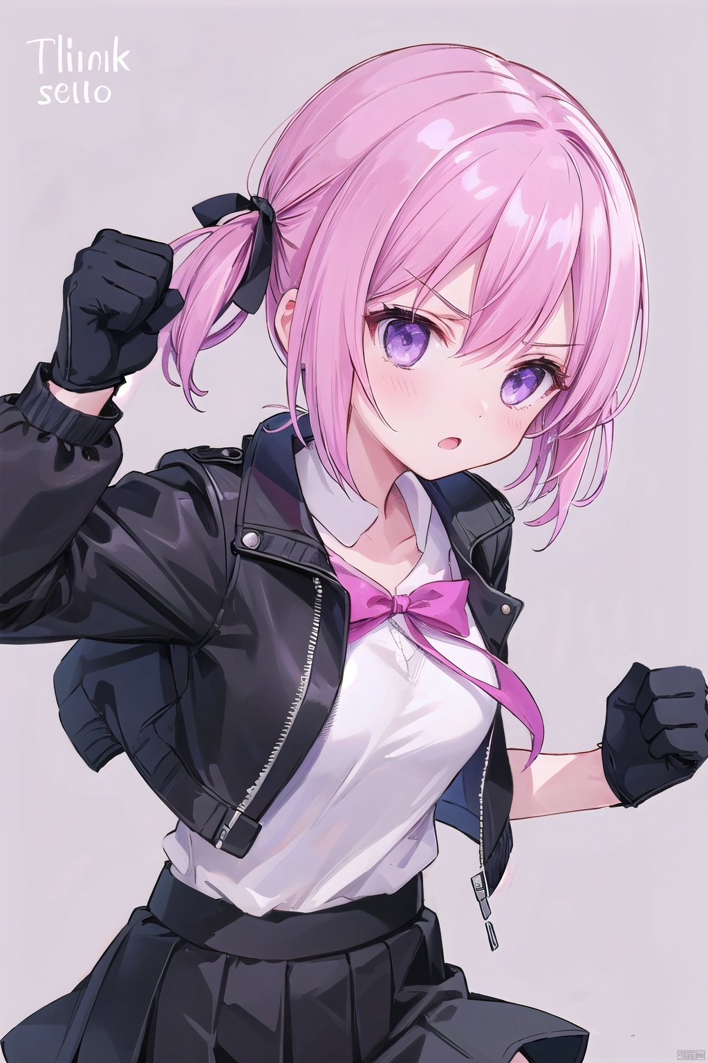  1girl,solo,artist_name,thin,short_hair,low_twintails,pink hair,black glove,action,black skirt,cropped jacket,shirt,purple eyes,medium breasts,hair ribbon,hair arround breast,fighting stance,aggressiveness,