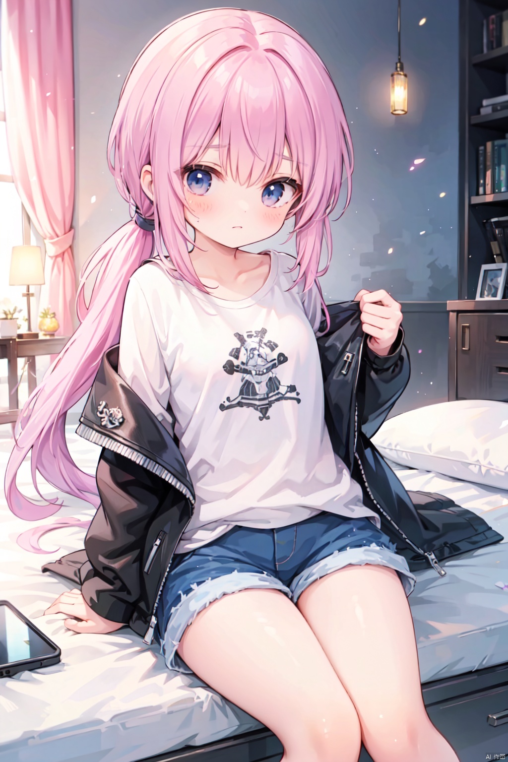 (low ponytail:1.1),pink_hair,crossed bangs,solo,Steampunk,shirt,shorts,(leather_clothes),thigh,breast,blue eyes,shigetoakiho,loli,