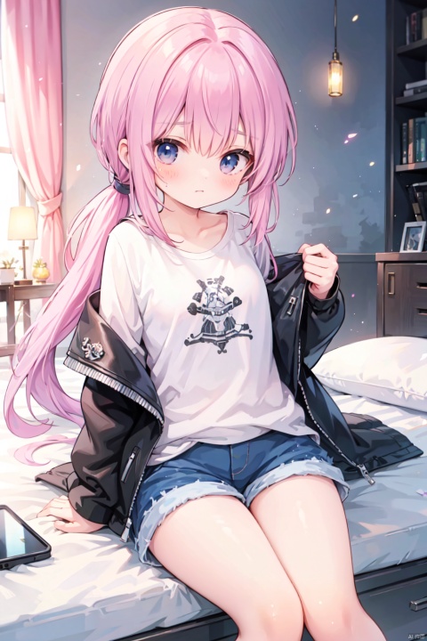 (low ponytail:1.1),pink_hair,crossed bangs,solo,Steampunk,shirt,shorts,(leather_clothes),thigh,breast,blue eyes,shigetoakiho,loli,