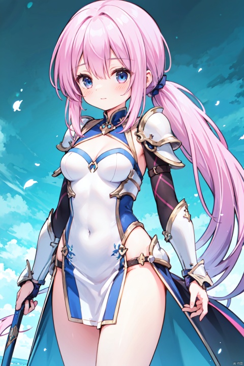 1girl,low ponytail,(pink_hair),crossed bangs,white armour,armour dress,looking down,medium breast,Silver armor,Cleavage,thigh,cowboy_shot,girl,blue eyes,shigetoakiho,