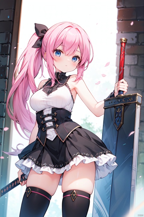 1girl,(pink_hair),crossed bangs,(low ponytail),blue eyes,gothic_lolita,white skirt,standing,medieval,
fantasy,thigh,boots,medium breast,buster_sword, huge_sword,holding_sword,cowboy_shot,shigetoakiho,