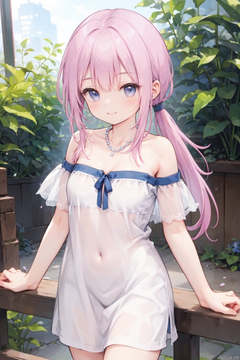  1girl,(pink_hair:1.1),crossed bangs,(low ponytail),blue eyes,collarbone,off-shoulder,bare shoulders,(strapless:1.1),short sleeves,cleavage,Hair tip,short white dress,cowboy_shot,thigh,short ponytail,smile,pearl necklace,masterpiece, extremely detailed 8k wallpaper,best quality,best shadow, extremely delicate and beautiful,shine,illustration,outdoor, detailed eyes,perfect face