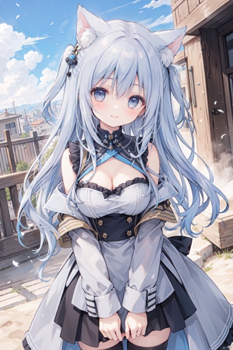 holding_katana,1girl, solo, smile,blue hair,cute,grey eyes,sandstorm,off shoulder,clavicle,(Military uniform),big breasts,thigh,desert,Cleavage,animal_ears,The cracked earth,Escarpment,stone,village,