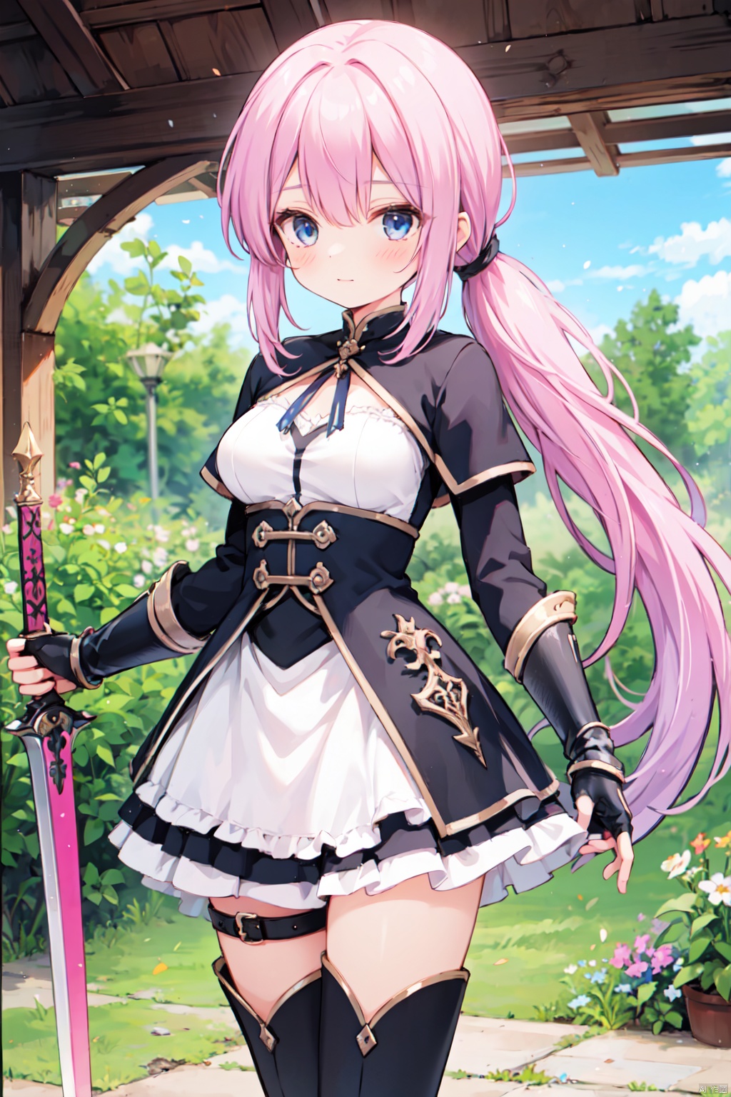 1girl,(pink_hair),crossed bangs,(low ponytail),blue eyes,gothic_lolita,white skirt,gauntlets,one-hand-hilt,hand on hilt,holding sword,planted sword,standing,medieval,
fantasy,thigh,boots,medium breast,cowboy_shot,shigetoakiho,