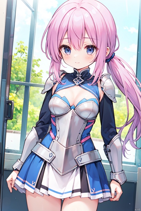 1girl,low ponytail,(pink_hair),crossed bangs,armour,armour dress,looking down,medium breast,Silver armor,Cleavage,thigh,cowboy_shot,girl,blue eyes,shigetoakiho,
