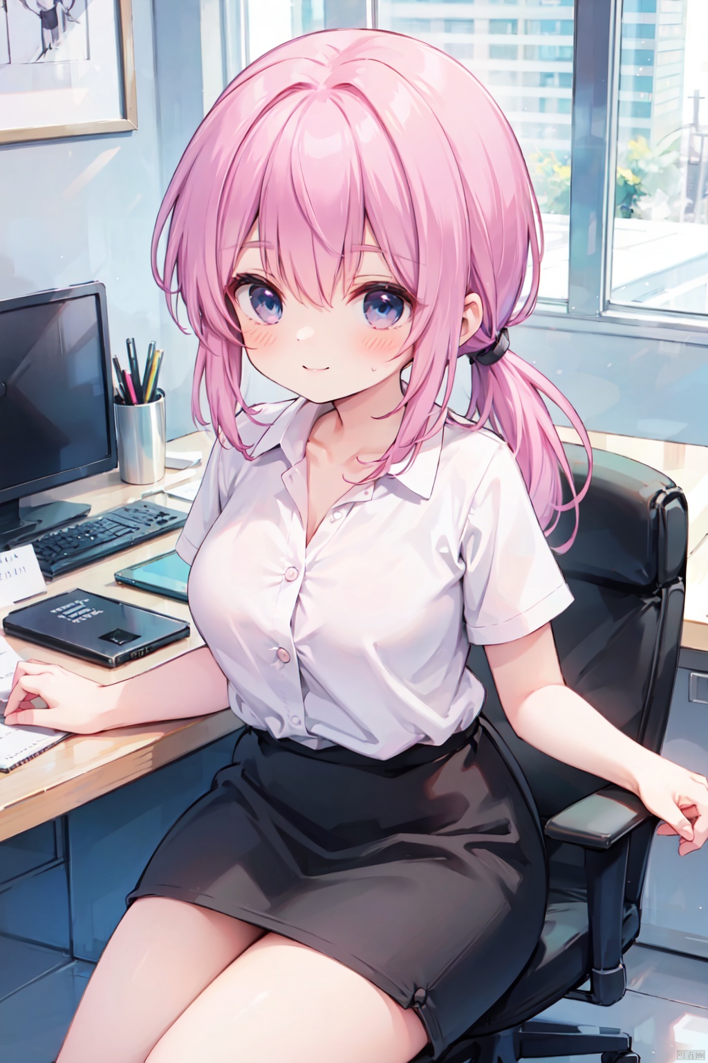 chair,sitting,solo,(low ponytail:1.1),(pink_hair),crossed bangs,smile,(white collared blouse),Button,Short sleeved,business,thigh,office_lady,pencil skirt,breast,collarbone,Cleavage,blue eyes,shigetoakiho, loli