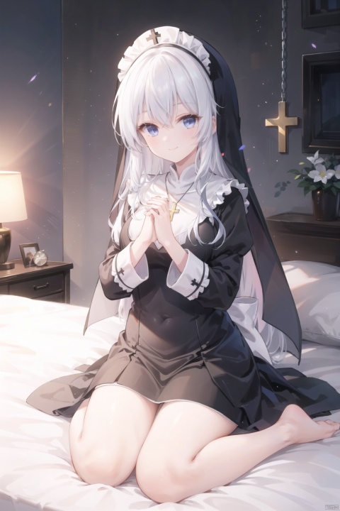 1girl,very Long white hair,long bangs,nun,(Maid headwear),nun,(own hands together),blue_eyes,smile,big cross,yellow cross necklace,(black dress),medium_breast,hands up, elaina (majo no tabitabi),full body,panties,in bed