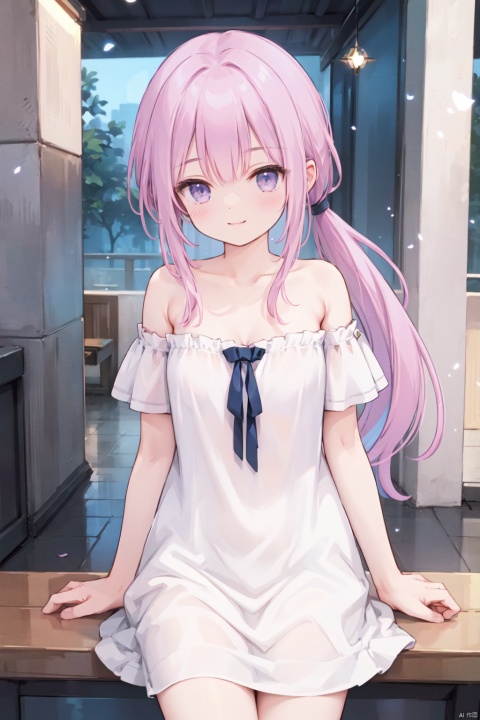  1girl,(pink_hair:1.1),crossed bangs,(low ponytail),blue eyes,collarbone,off-shoulder,bare shoulders,(strapless:1.1),short sleeves,cleavage,Hair tip,short white dress,cowboy_shot,thigh,short ponytail,smile,(masterpiece, extremely detailed 8k wallpaper,best quality), (best illumination, best shadow, extremely delicate and beautiful),(shine),glinting stars,classic, (illustration),outdoor, detailed eyes,perfect face