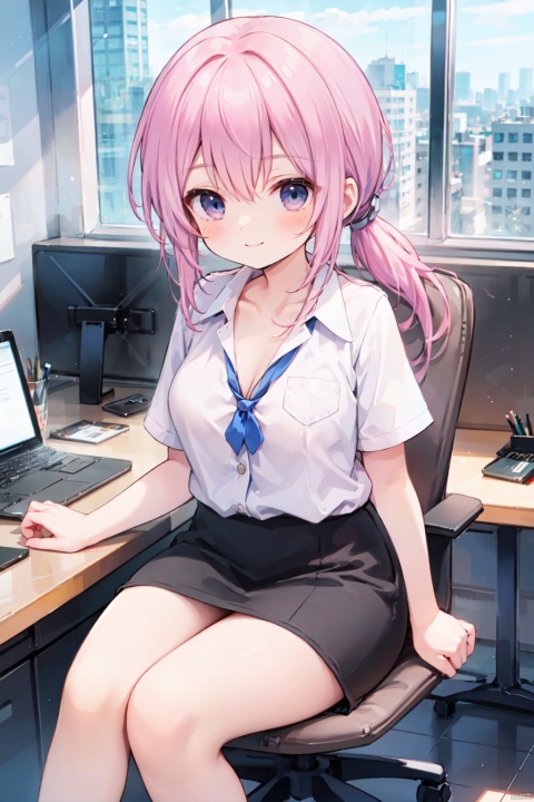 chair,sitting,solo,(low ponytail:1.1),(pink_hair),crossed bangs,smile,(white collared blouse),Button,Short sleeved,business,thigh,office_lady,pencil skirt,breast,collarbone,Cleavage,blue eyes,shigetoakiho, loli