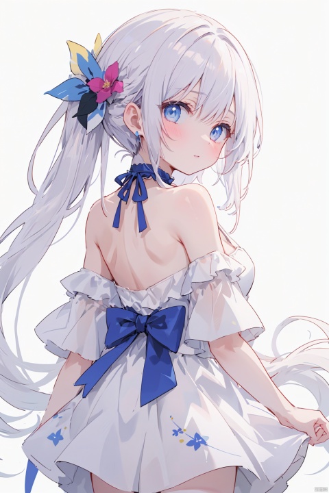  1girl, solo,neck,nape,long hair,white hair,blue eyes,collarbone,off-shoulder,bare shoulders,hair_ribbons, short sleeves,tiny_breasts,cleavage,Hair tip,short dress,pigtails,cowboy_shot,thigh,flower,