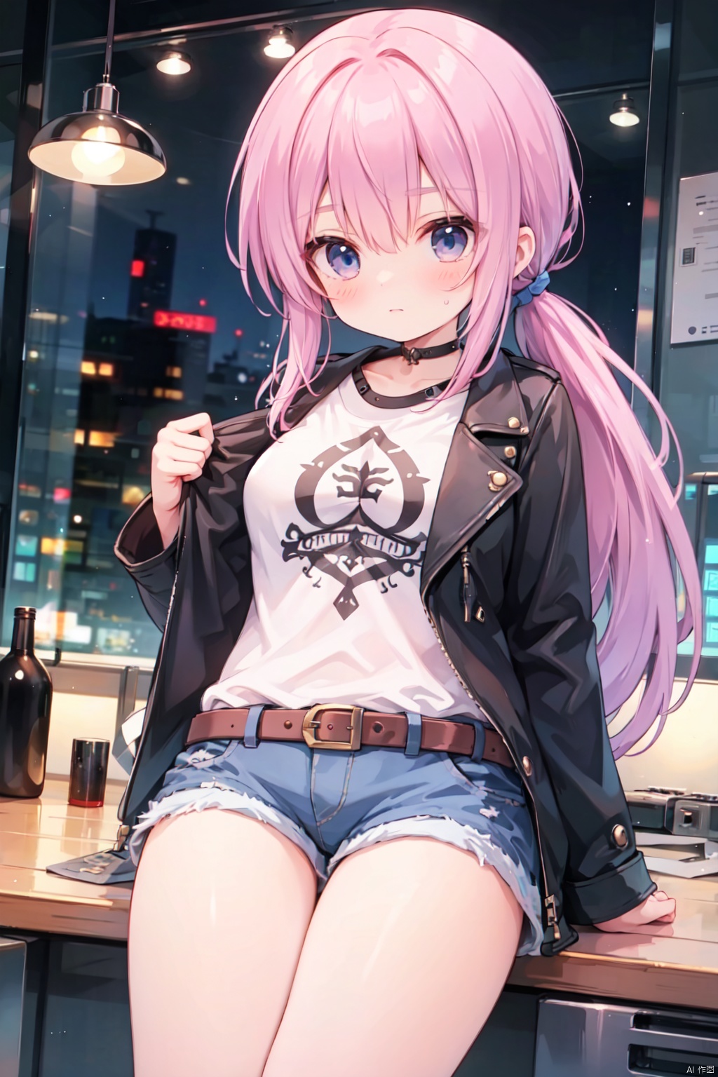 (low ponytail:1.1),pink_hair,crossed bangs,solo,Steampunk,shirt,shorts,(leather_clothes),thigh,breast,blue eyes,shigetoakiho,loli,