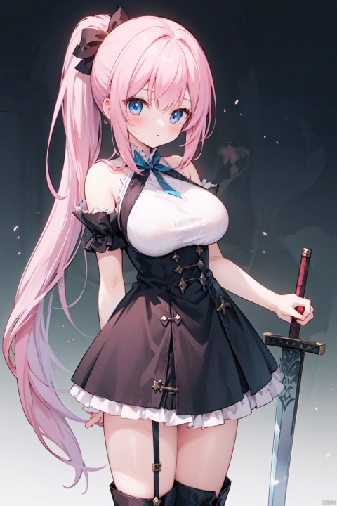 1girl,(pink_hair),crossed bangs,(low ponytail),blue eyes,gothic_lolita,white skirt,standing,medieval,
fantasy,thigh,boots,medium breast,buster_sword, huge_sword,holding_sword,cowboy_shot,shigetoakiho,