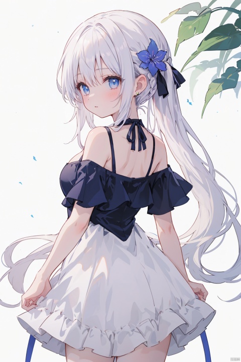  1girl, solo,neck,nape,long hair,white hair,blue eyes,collarbone,off-shoulder,bare shoulders,hair_ribbons, short sleeves,tiny_breasts,cleavage,Hair tip,short dress,pigtails,cowboy_shot,thigh,flower,