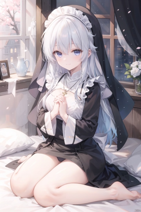 1girl,very Long white hair,long bangs,nun,(Maid headwear),nun,(own hands together),blue_eyes,smile,big cross,yellow cross necklace,(black dress),medium_breast,hands up, elaina (majo no tabitabi),full body,panties,in bed