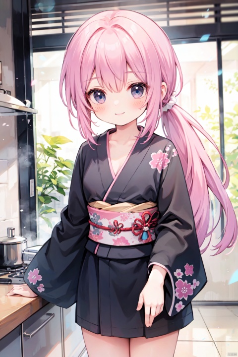 standing,(low ponytail:1.1),pink_hair,crossed bangs,solo,smile,(black kimono),long sleeved,red printing,thigh,breast,Cleavage,collarbone,blue eyes,shigetoakiho,loli,