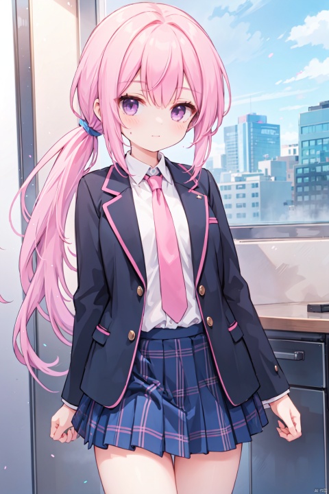  1girl,(pink_hair),crossed bangs,(low ponytail),purple eyes,Hair tip,cowboy_shot,black jacket, blazer,necktie, white shirt, blue skirt, plaid skirt, school uniform,thigh,short ponytail,shigetoakiho,