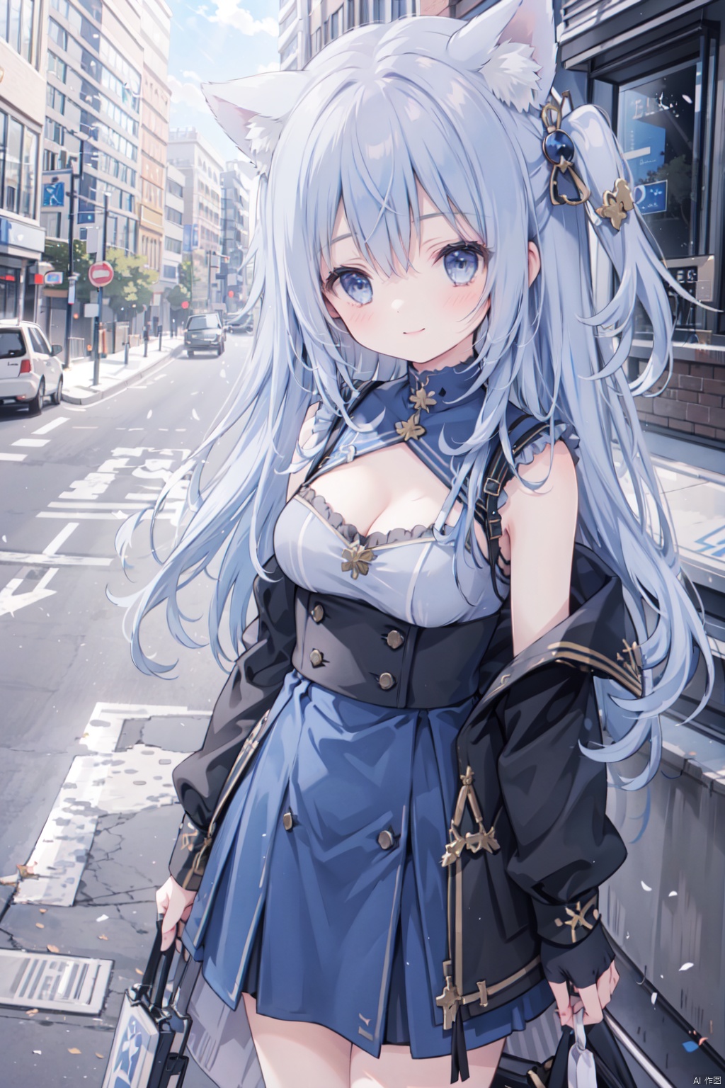 holding_katana,1girl, solo, smile,blue hair,cute,grey eyes,city,off shoulder,clavicle,(Military uniform:1.3),big breasts,thigh,street,Cleavage,animal_ears,gothic architecture,girl, blue archive